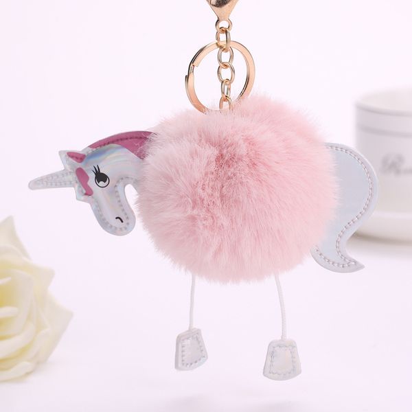 

15cm lovely fluffy unicorn pony keychain pendant girls cute pompom artificial rabbit fur key chain bag car key ring hang bag accessories, Slivery;golden