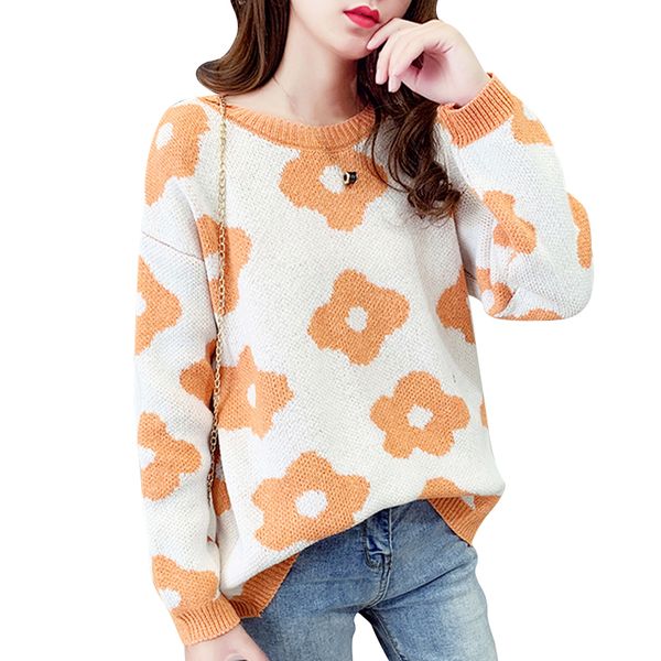 

2019 casual loose long sleeve flower knitted sweater woman autumn winter pullover sweaters, White;black