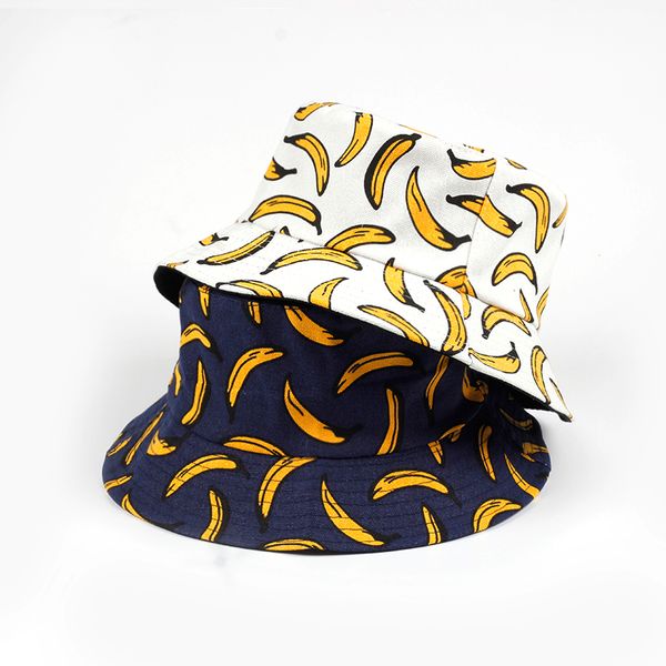 

women casual banana print navy bucket hat 2018 summer men foldable beach sunscreen wide brim flat sun bonnet