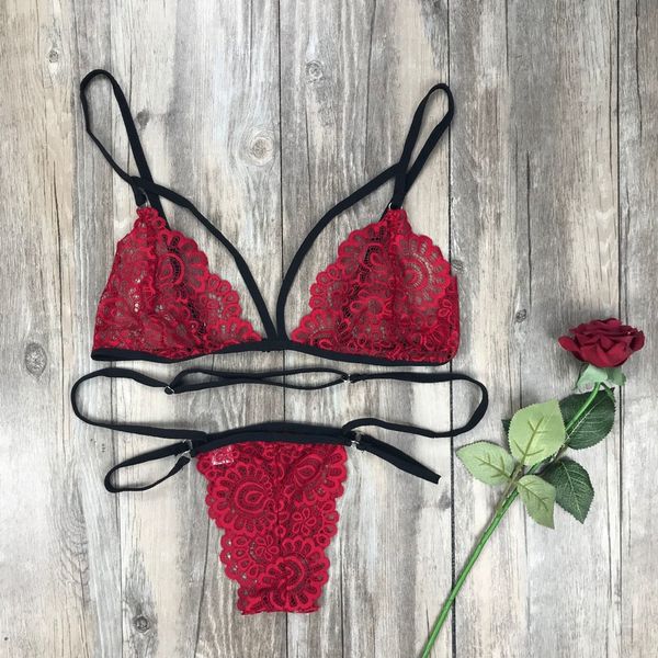 

dropshipping women lace lingerie sets lace up babydoll g-string thong underwear sets nightwear, Red;black
