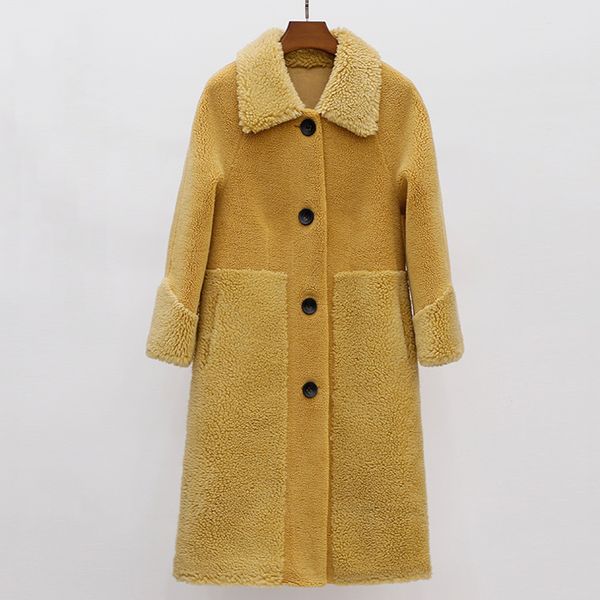 

x-long coats women clothes winter 2019 new wool blends real price sheep fur coat leather jacket turn-down collar outerwear, Black