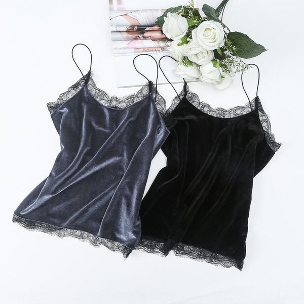 

4-color 5-size lace 2020 camisole women's short loose lace stitching gold velvet top, Camo