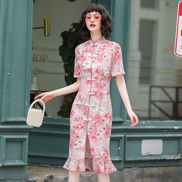 

new arrival pink print chinese style women cheongsam summer chiffon daily dress vintage handmade button qipao plus size s-3xl, Red