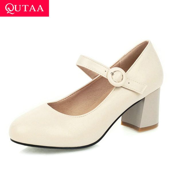 

qutaa 2020 круглый носок классические одиночные туфли искусственная кожа лаконичные женские насосы квадратный высокий каблук пряжка мелкая ж, Black