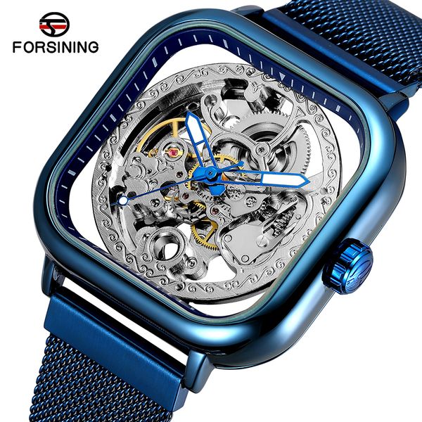 

forsining blue new fashion men mechanical watch for men square automatic skeleton analog silver mesh steel watch montre homme, Slivery;brown