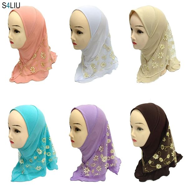 

15 Colors Muslim Girls Headwear Tube Scarf Hat Full Cover Islam Child Cap Turkish Fashion Flower Lace Patchwork Beanies Skullies