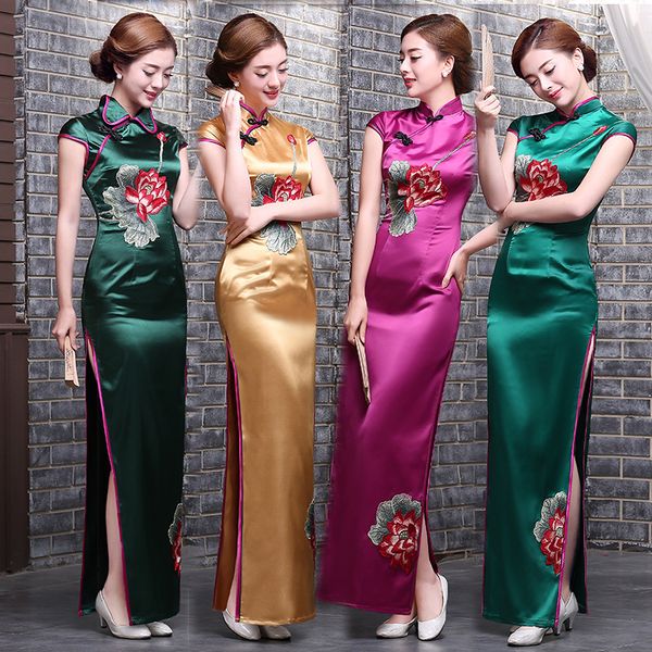 

embroidery 4xl floral elegant stage show handmade button silm qipao chinese traditional women dress vintage lady cheongsam, Red