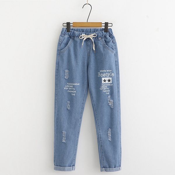 

women japan's trousers comfortable spring and autumn loose tightband pants with holes pentagonal star straight cylinder f4149, Blue