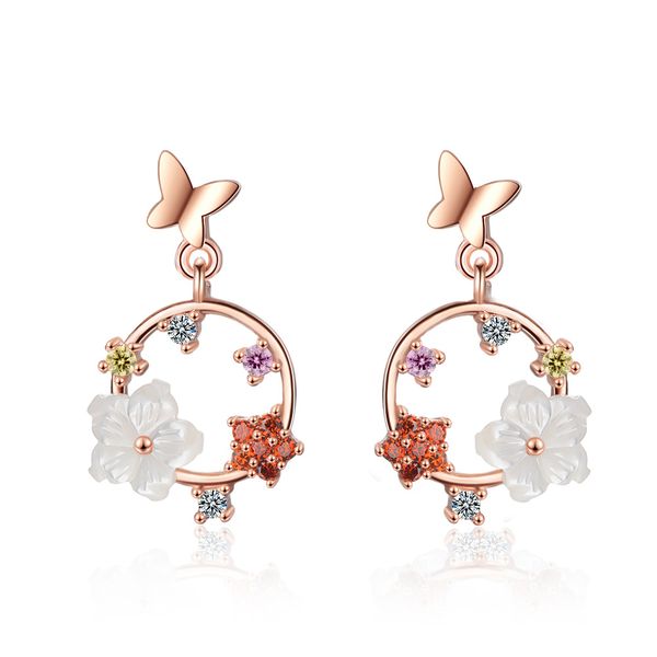 

ed717 flower earrings silver hoop ear cuff dangle women man fashion jewelry wreath and butterfly rose gold earring