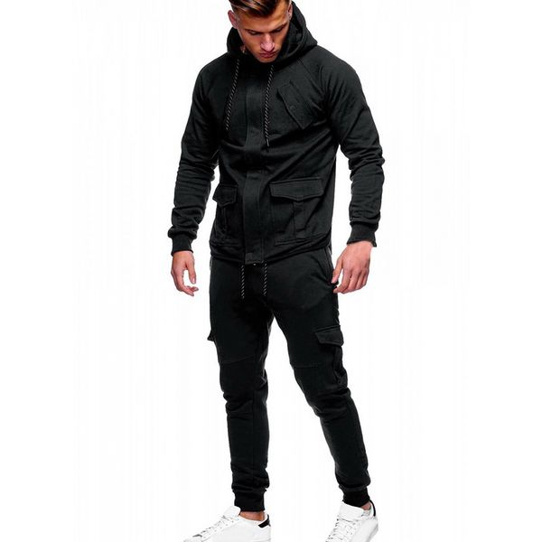 

laamei 2019 new men suit sweatsuit zipper hoodies tracksuit outfit solid splicing fold hooded tops zipper outwear clothing, Gray