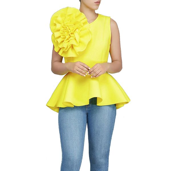 

2018 women fashion summer o-neck sleeveless ruffles flouncing asymmetric hem slim blouse j190618, White