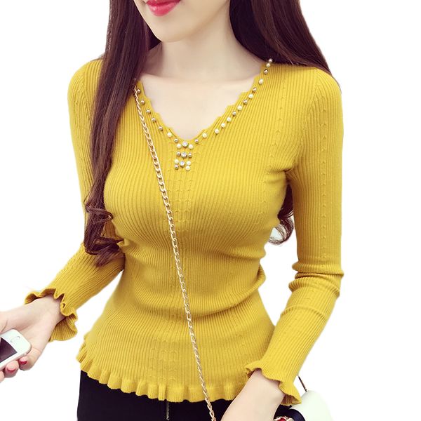 

spring autumn women sweater 2019 new fashion beading v-neck knitted solid slim elasticity knit pullover sweater female y87, White;black