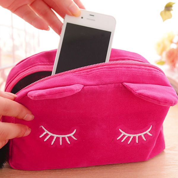 

newly portable cartoon cat coin storage case travel makeup flannel pouch cosmetic bag dod886
