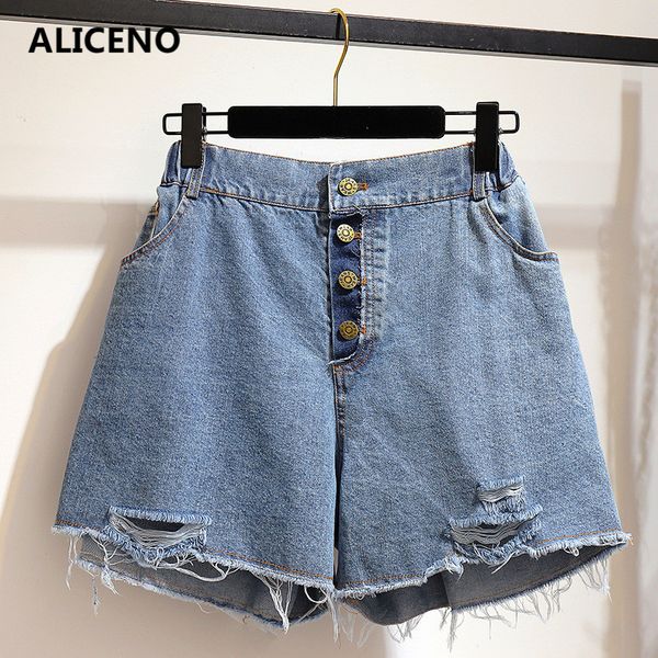 

aliceno 6xl-2xl 100kg canwear summer women mid waist light blue casual jeans shorts button straight hole ladys denim shorts, White;black