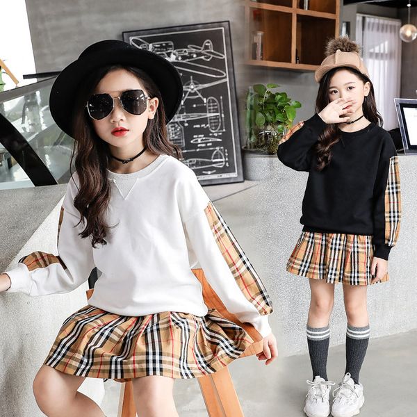 

2019 new fashion big girls long sleeve sweatshirt coat spring cotton children t-shirt clothes casual hoodies skirts suits kids clothing sets, White