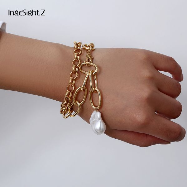

ingesight.z 2pcs/lot punk chunky thick curb cuban bracelet bangle charm imitation pearl pendant bracelets for women jewelry gift, Golden;silver