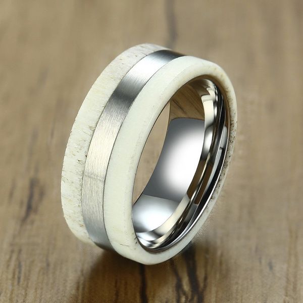 

8,5 мм Белого Олень Antler Mens обручального кольцо из нержавеющей стали Inlay кольца Крас