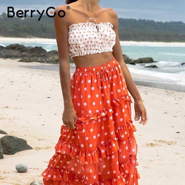 

berrygo bohemian polka dot floral pleated midi skirt women elegant elastic high waist ruffle skirts summer a line beach skirt, Black