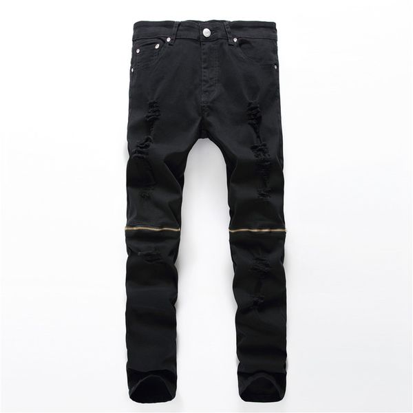 

fashion high street men jeans zipper knee knocked ragged hole male club denim fabric elastic skinny ripped denim pants trousers, Blue