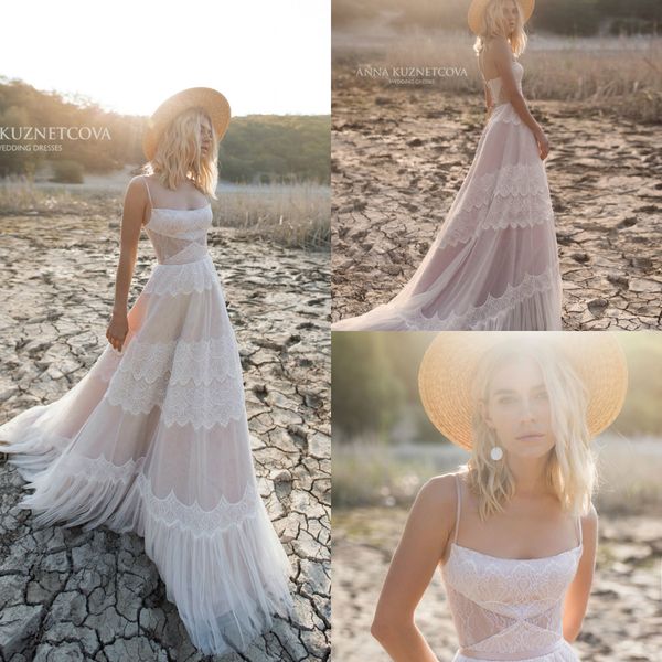

2019 beach wedding dresses spaghetti lace appliqued a line light pink bridal gowns plus size bohemian wedding dress vestido de novia, White