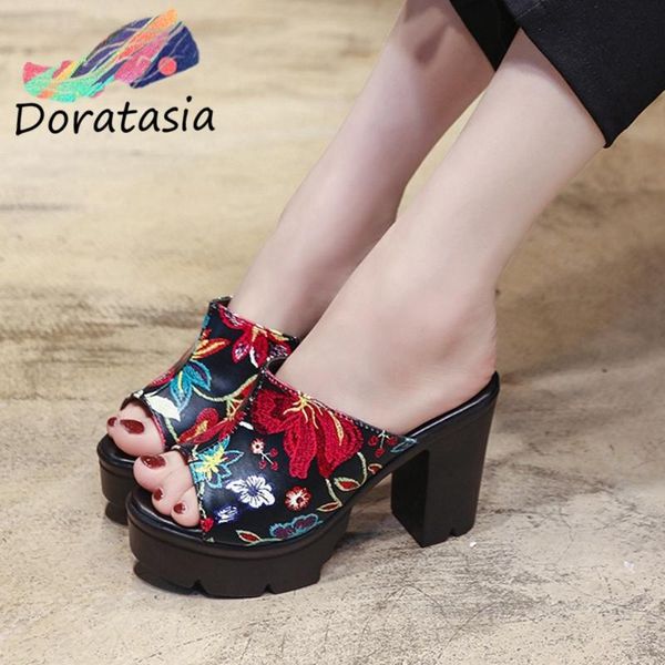 

doratasia women open toe flower print block heel shoes casual party sandals women summer sandals, Black