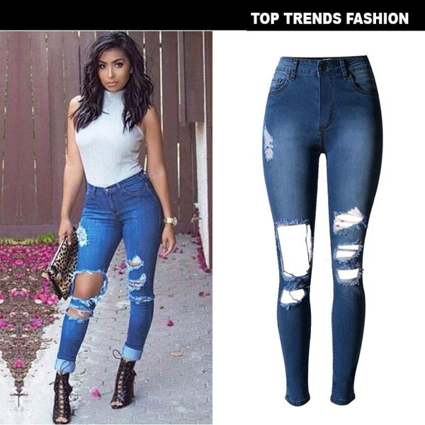 

2020 womens jeans light blue deep blue broken holes pencil jeans spring summer it girl jeans