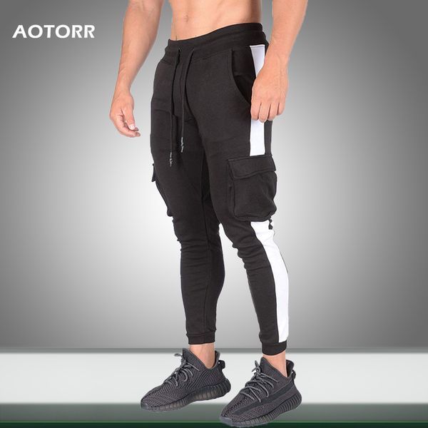 

running pants men hip 2019 new male trousers gyms joggers sweatpants fitness cargo pants men streetwear solid hip hop 2019, Black