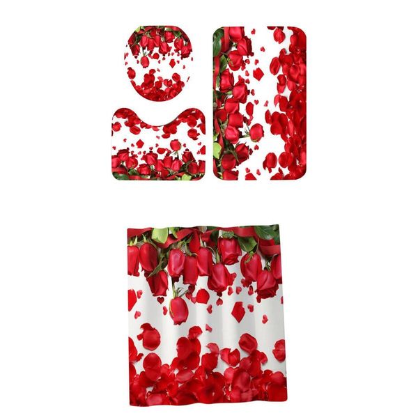 

4-pack red rose pattern bathroom rug cover mat shower curtain set absorbent