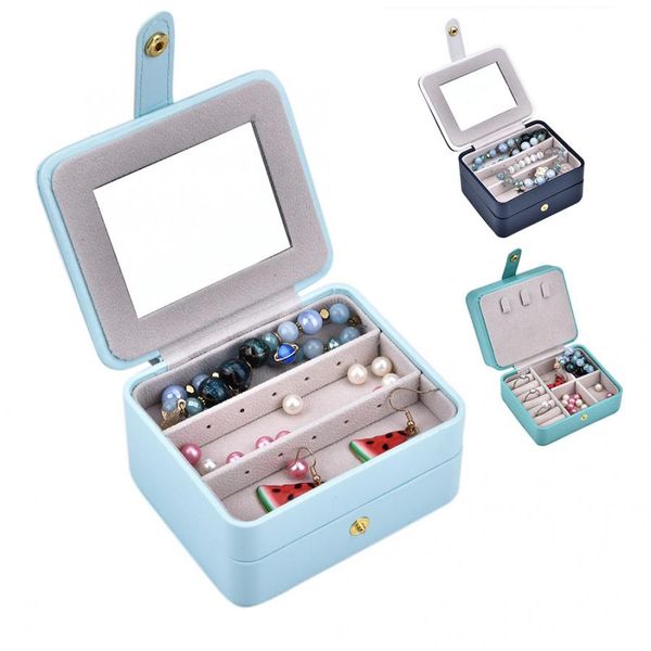 

earrings jewelry box organizer display storage case pu leather with mirror delicate watch holder for watch storage, Black;blue