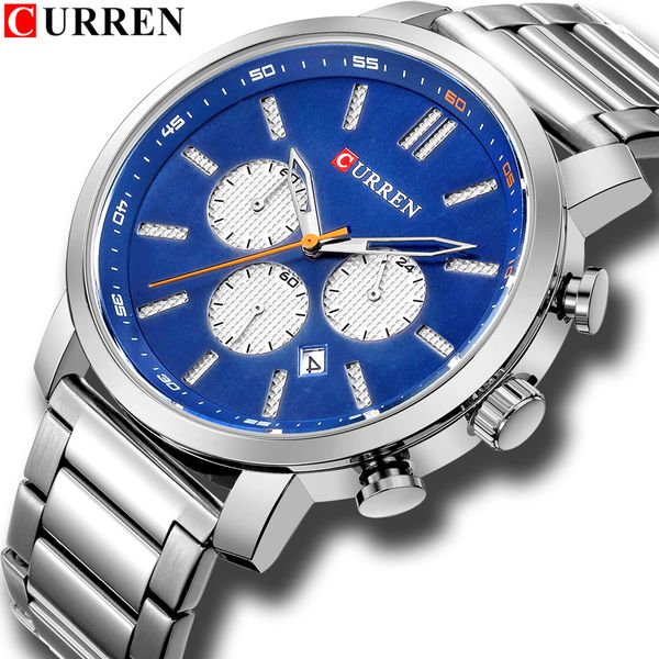 

luxury brand military sport mens watches curren stainless steel wristwatch for man chronograph watch date male clock relogio, Slivery;brown
