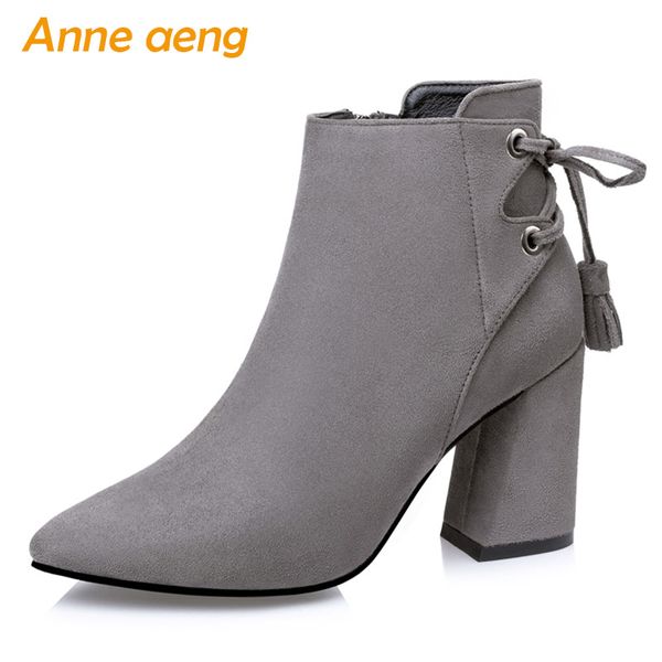 

2019 new winter women ankle boots high square heel pointed toe solid lace-up zip ladies women shoes gray short warm boots, Black