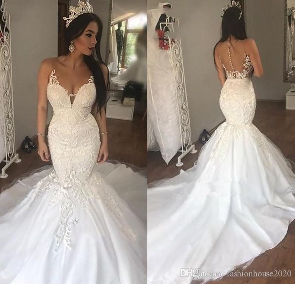 

2019 elegant mermaid wedding dresses v neck sheer neck backless lace appliques sleeveless court train formal bridal gowns vestido de novia, White