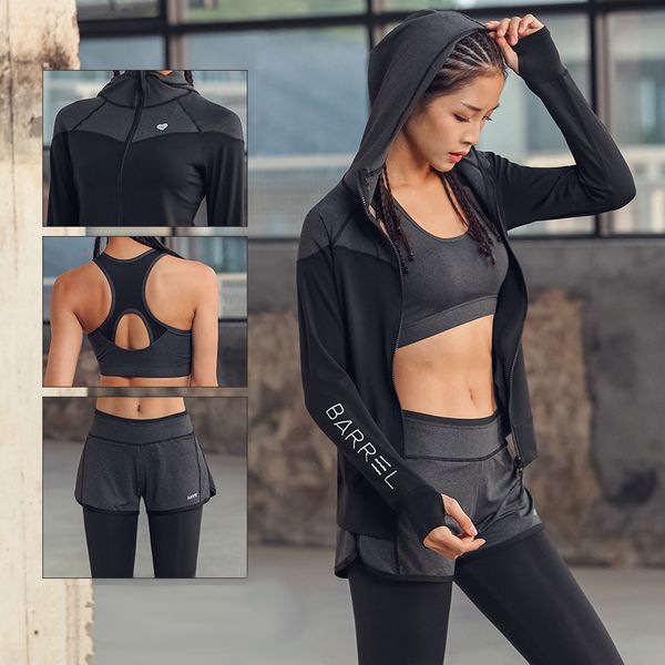 

sport jacket+bra+pants quick dry girls breathable yoga suits 3 in 1 running suit female gym jogging sport set autumn for women, Black;blue
