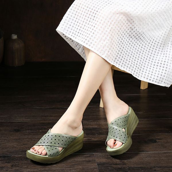 

vallu shoes women summer models 2020 thick bottom increased stable leather slippers women fashion casual slippers, Black