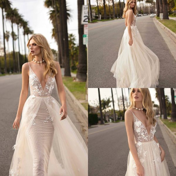 

2019 berta wedding dresses deep v neck lace appliqued sweep train mermaid wedding dress with detachable train custom beach bridal gowns, White