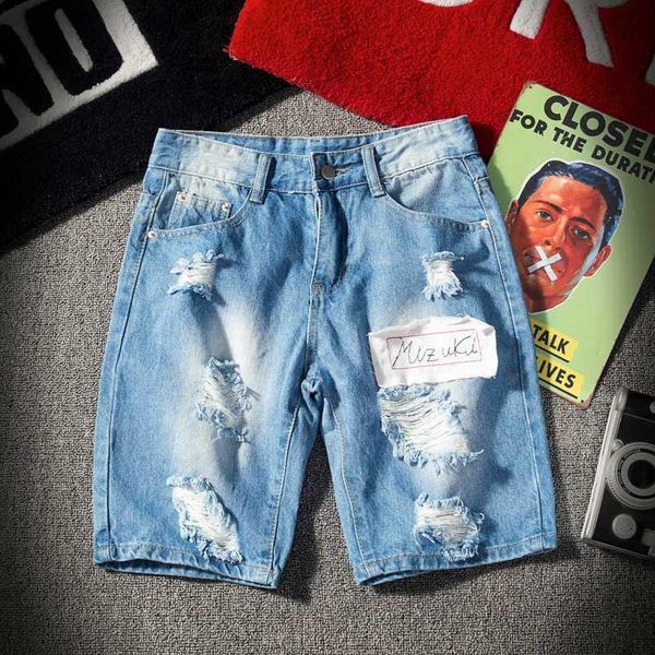 

short jeans men summer straight mid cotton retro holes cowboy short men brand breathable denim shorts mermuda, White;black