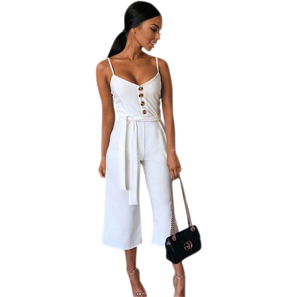 

summer women elegant jumpsuit solid color sling backless sleeveless v neck button jumpsuit beach casual slim high waist wide l, Black;white