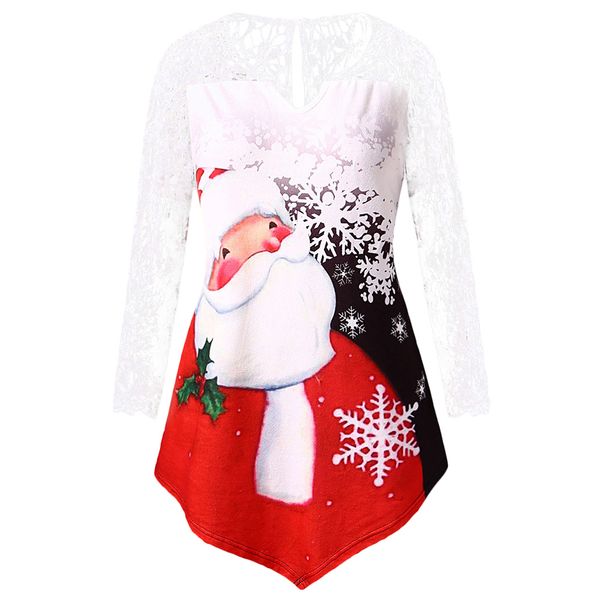 

plus size santa claus print lace insert tee christmas women t-shirt, White