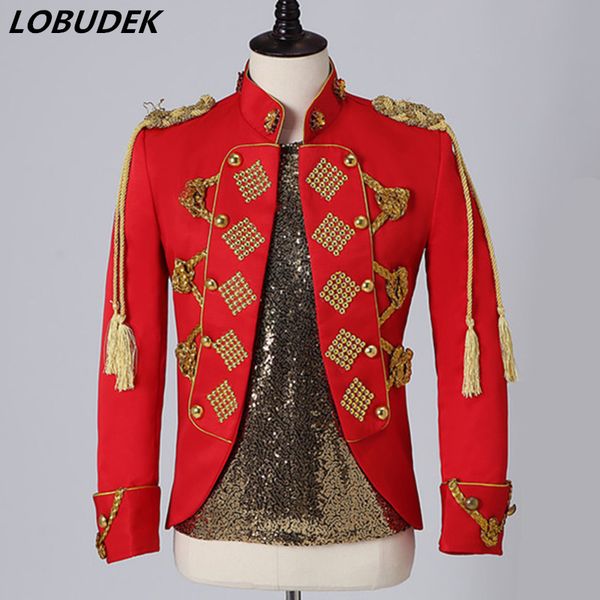 

men's jackets england style red court dress tassel epaulet rivet jacket stand collar slim coat men singer performance clothes rock cost, Black;brown