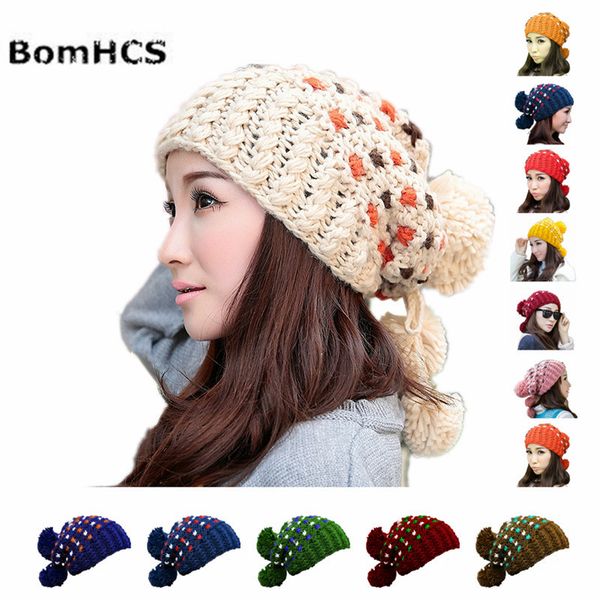 

bomhcs winter women's thick warm cable 100% handmade knit beanie hat with soft pom pom, Blue;gray