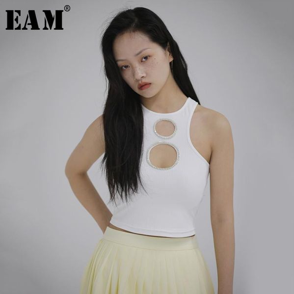 

eam] женщины белый горный хрусталь выдалбливают топы новый круглый вырез рукавов личность мода прилив весна осень 2020 1s112, White