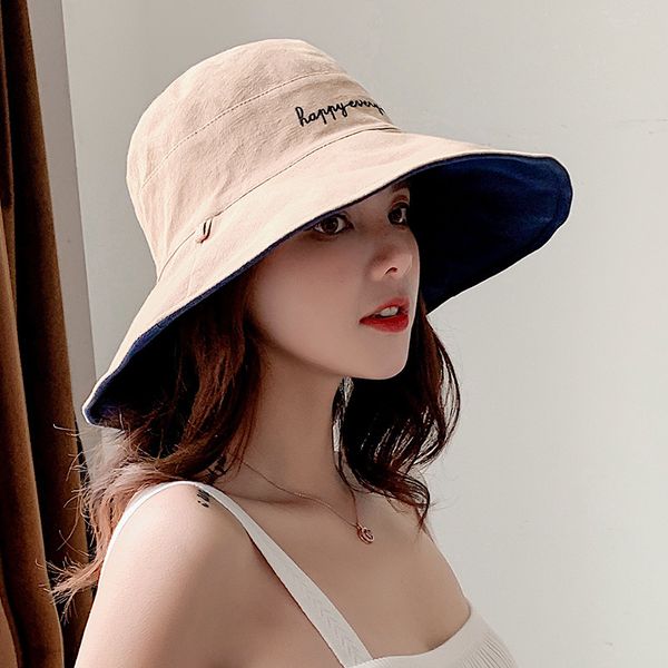 

fisherman hat girl summer korean version of the cute net red hat students sunscreen cap with double sunshade sun summer, Blue;gray