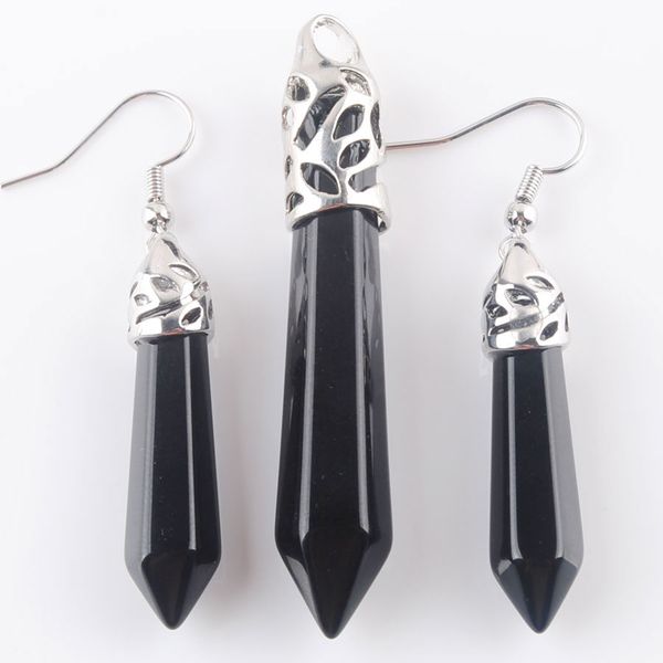 

wojiaer set women jewelry natural black rock gem stone hexagonal pointed reiki chakra beads pendant dangle earrings dq3058