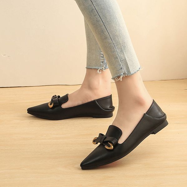 

comfort shallow mouth student flats fashion metal bow pointed loafers ladies non-slip oxford boat shoes pregnant women moccasins, Black