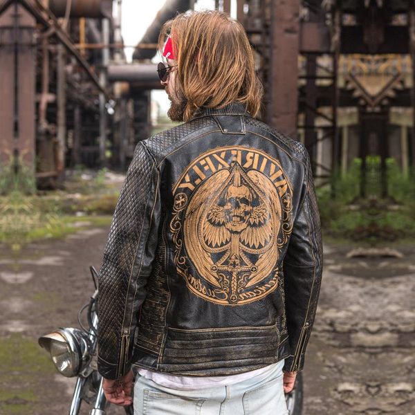 

2020 vintage black men skulls pattern кожаная куртка байкера большой размер xxxl подлинная коровьей осень slim fit мотоцикл пальто