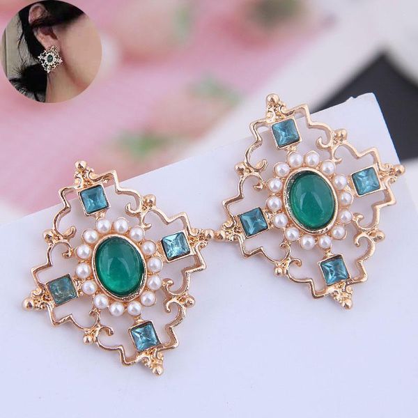 

gold color stud earrings for women 2019 geometric simulated pearl earings fashion jewelry green crystal stone earring, Golden