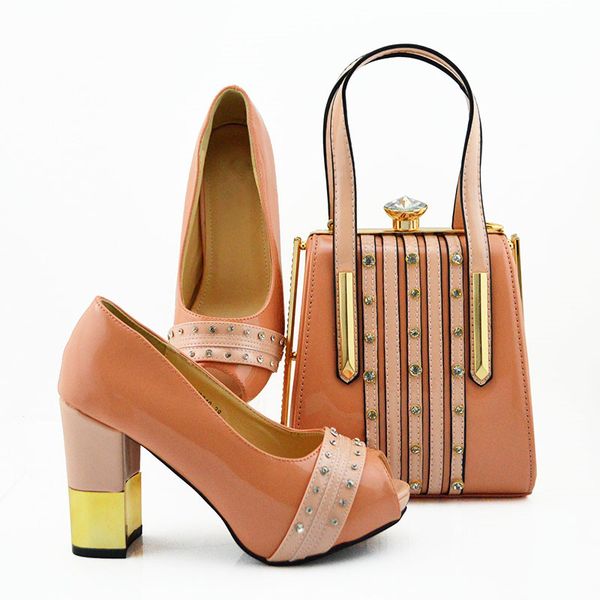 

most popular peach women cover shoes match handbag with big crystal decoration african pumps and bag set for dress md010,heel 9.5cm, Black