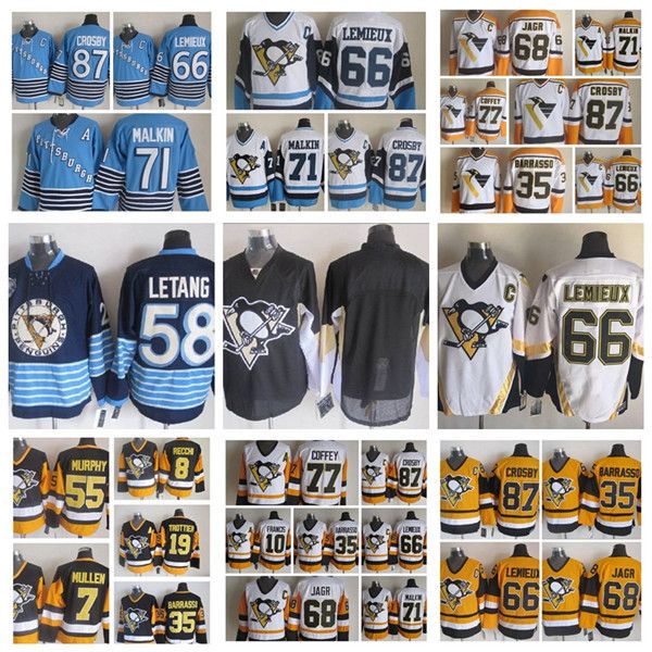 

fashion retro pittsburgh penguins jersey 68 jaromir jagr 35 tom barrasso 77 paul coffey ron francis mens vintage ccm stitched hockey jerseys, Black;red