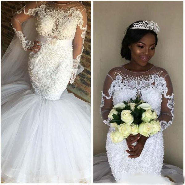 

mermaid lace wedding dresses with long sleeves scoop neck pearls sheer back bridal gowns sweep train vestidos de novia 2020, White