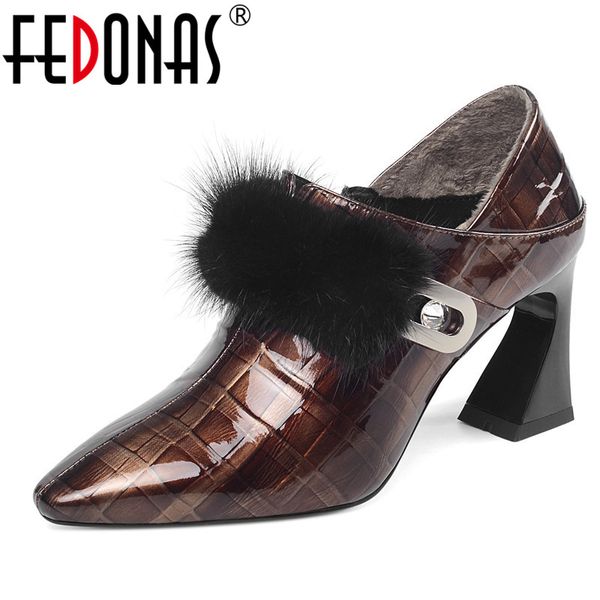 

dress shoes fedonas party office pumps women cow patent leather autumn winter high heels woman shallow side zipper, Black